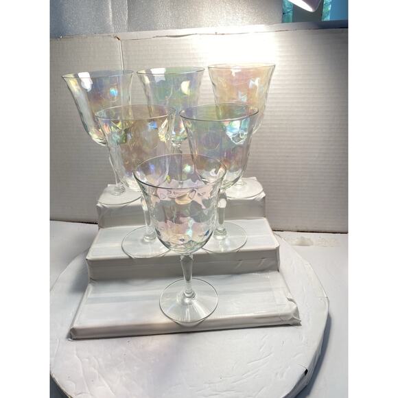6 Fostoria Crystal Pearl Shell Iridescent Wine Glasses Loop Optics - Picture 5 of 15